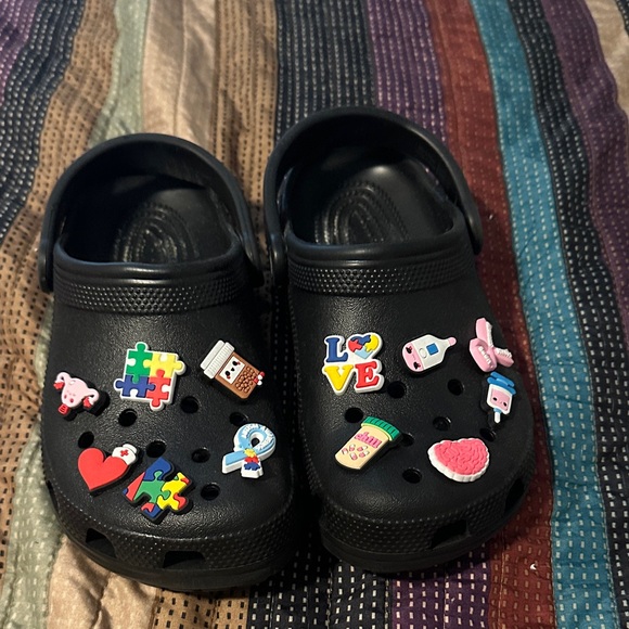 CROCS Kids Black Slippers with Colorful Charms - Picture 1 of 3